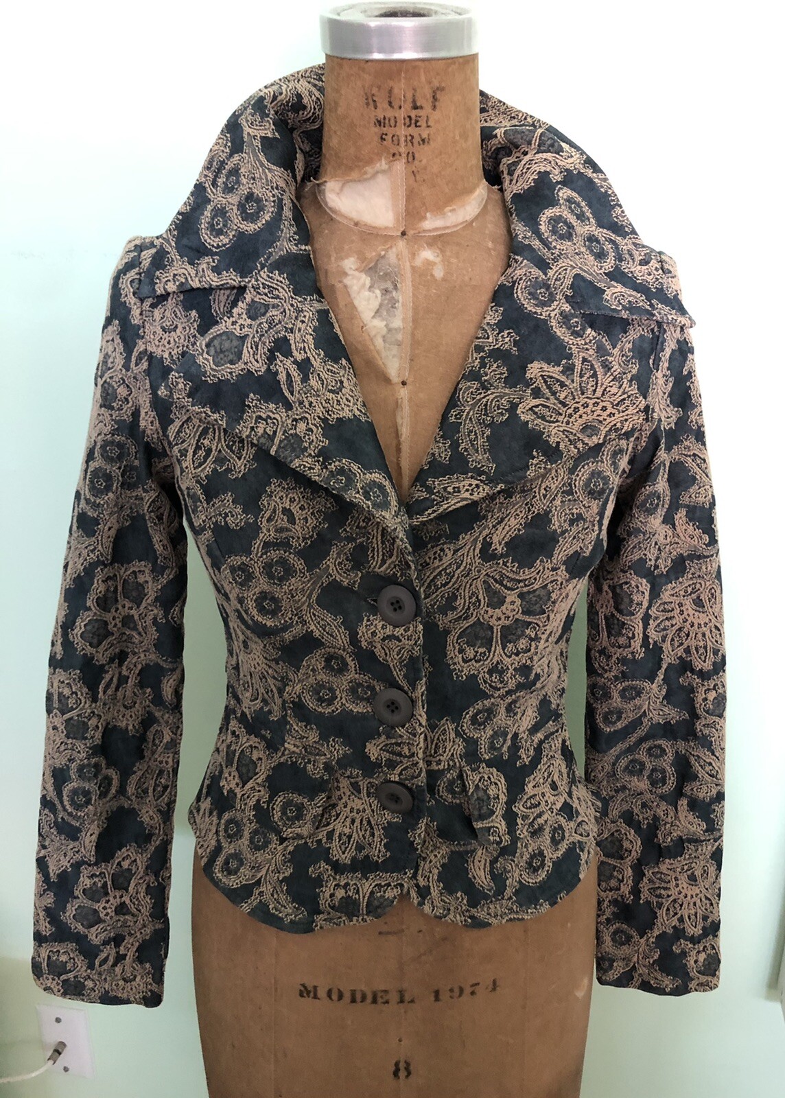 VTG. DOKI-GEKI WOMENS JACKET GRAY BEIGE PAISLEY STRETCHY SIZE S