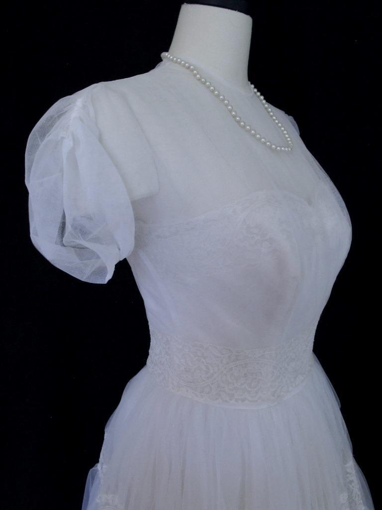 Vintage 50s Emma Domb White Tulle & Lace 2pc Wedding or Prom Dress Tiered Ruffle