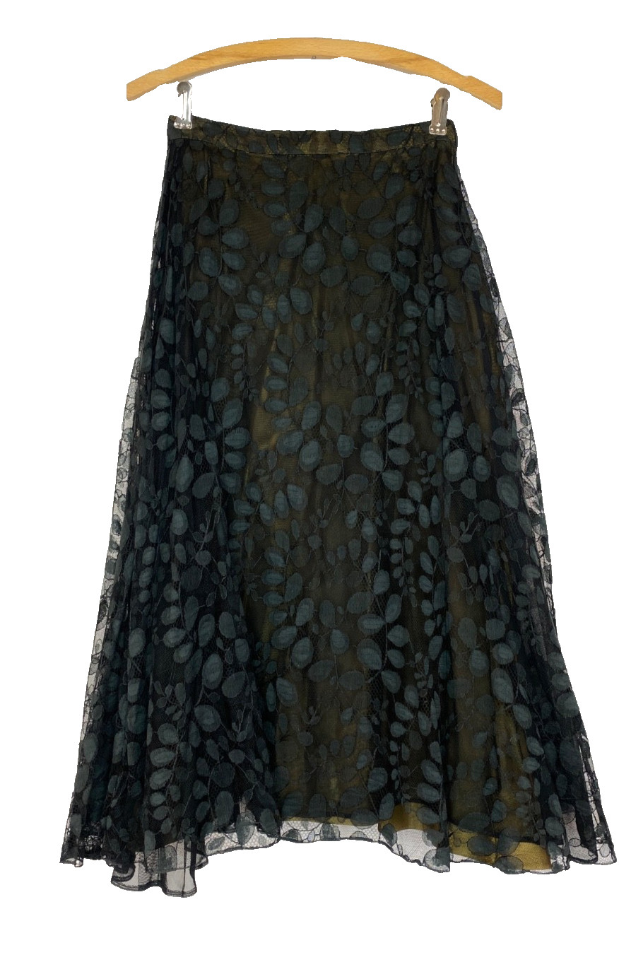 Vintage 1950s black lace midi skirt XS green chartreuse satin high waist pin-up
