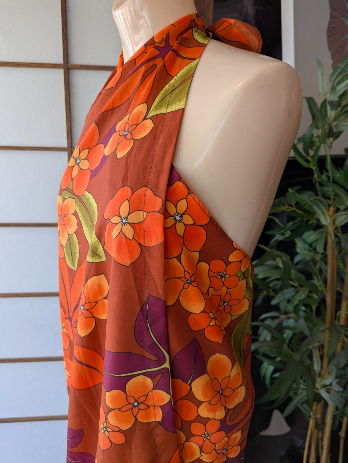 Vtg 1970s Pomare Tahiti Hawaiian Sarong Wrap Halter Dress Bright Orange L/XL