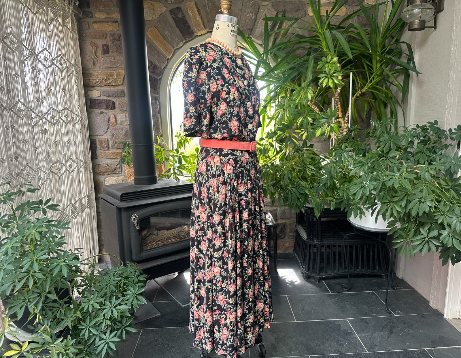 Vintage 1980s Black Pink Green Floral Rayon Dress