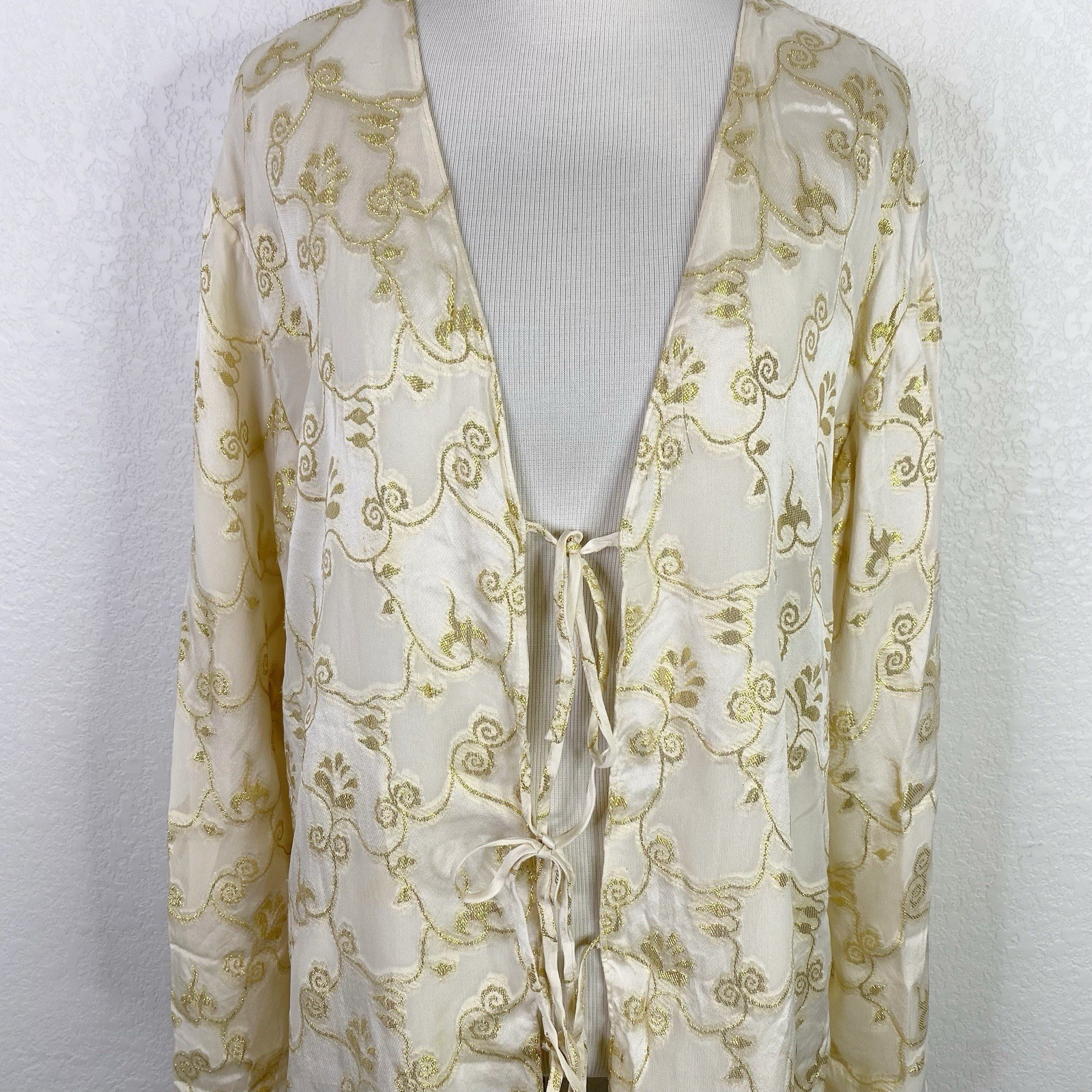 Vintage Lingerie Collection Womens Size Large 100% Silk Cream Gold Kimono Robe