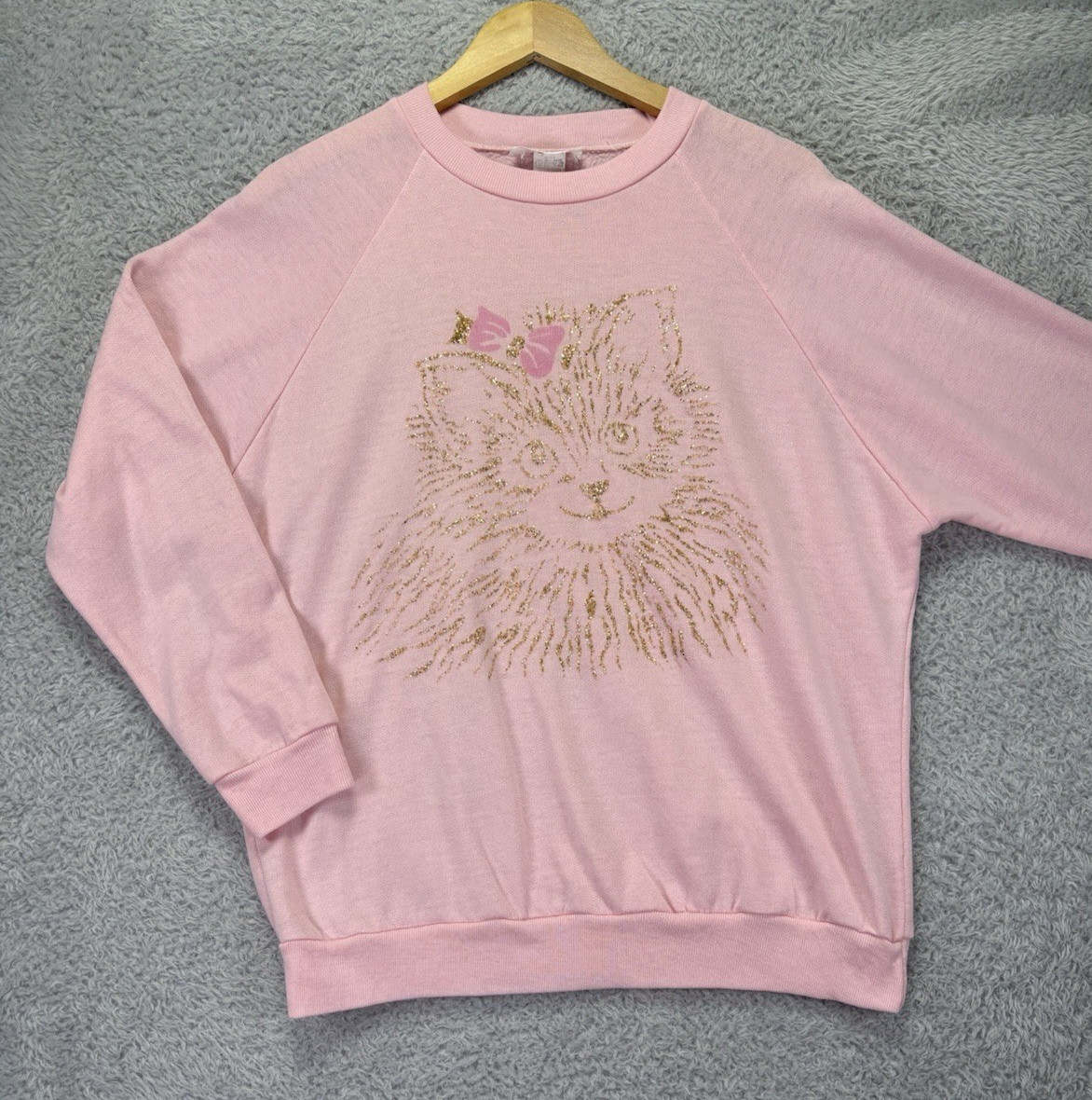 Vtg Fredericks of Hollywood Pink Sweatshirt Gold Glitter Cat Graphic Y2K Glam XL