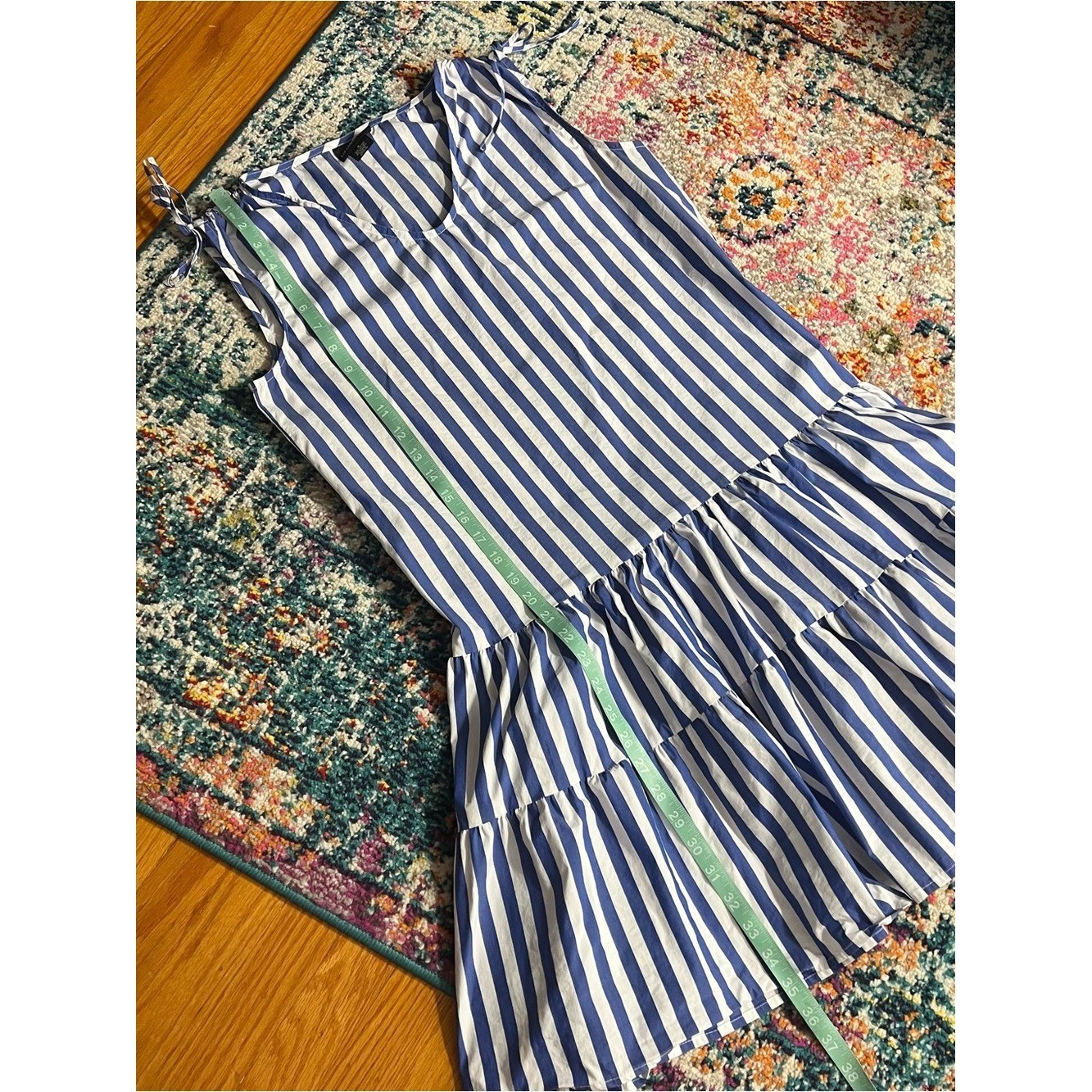 Vintage Liz Claiborne Career Blue White Striped Tie-Waist Summer Dress Tiered 4