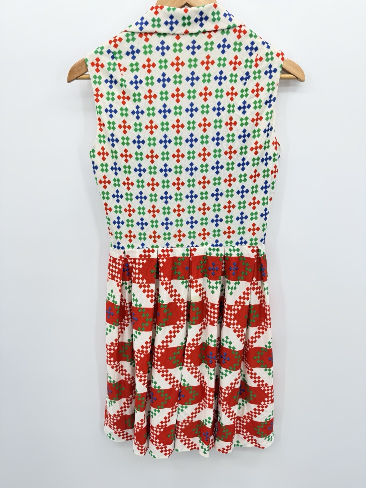 Vtg 60s Nancy Greer NY Mod Wing Collar Zipper Top Geometric Dress Retro Pleated