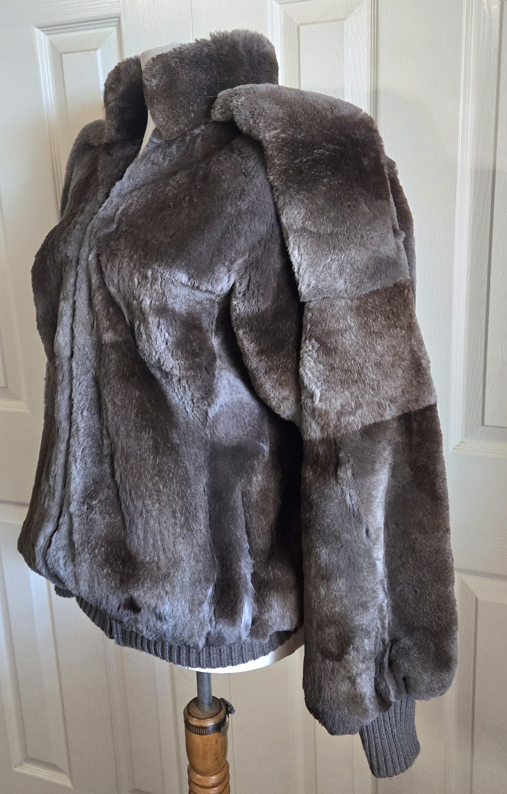 1980s CAROLE LITTLE Gray And Brown Patchwork Rabbit Fur Bomber Jacket Sz Large