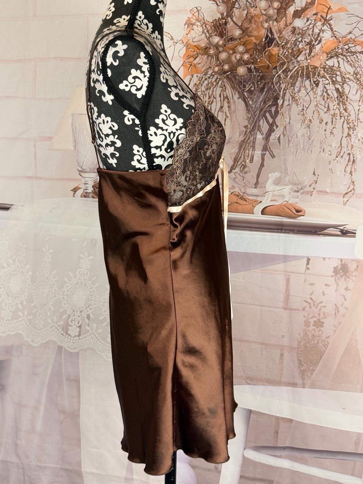 Mis. Andra Lingerie Made in Italy Brown Satin Floral Laced Ribboned Nightdress 2