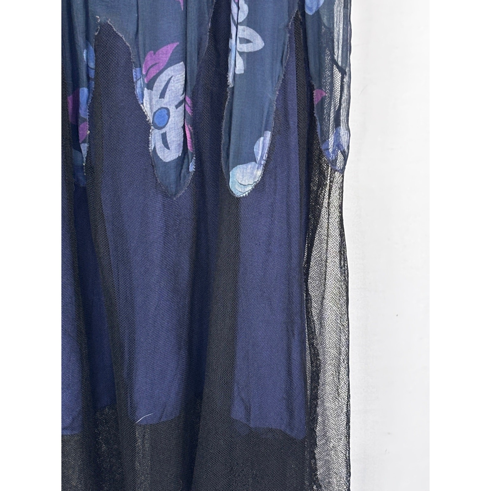 Antique 1920s Navy Floral Silk Dress Flapper Era Flutter Sleeve Drop Waist