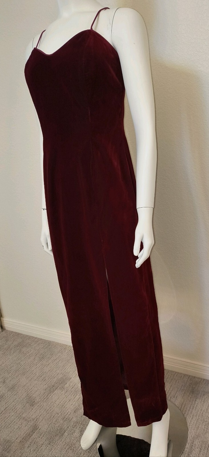 1990s L.A. GLO Burgundy Velvet Long Cabaret Gown w/ Leg Slit, Sz 9-10