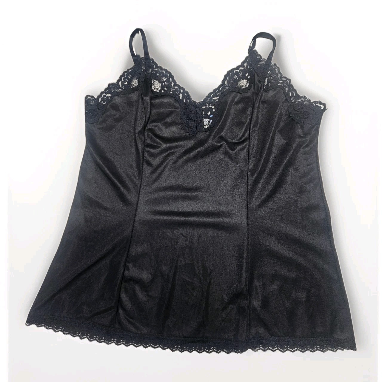 Vintage Women’s Black Mel-Lin Nylon Camisole Slip Set Lace Trim XL Glam Pin Up