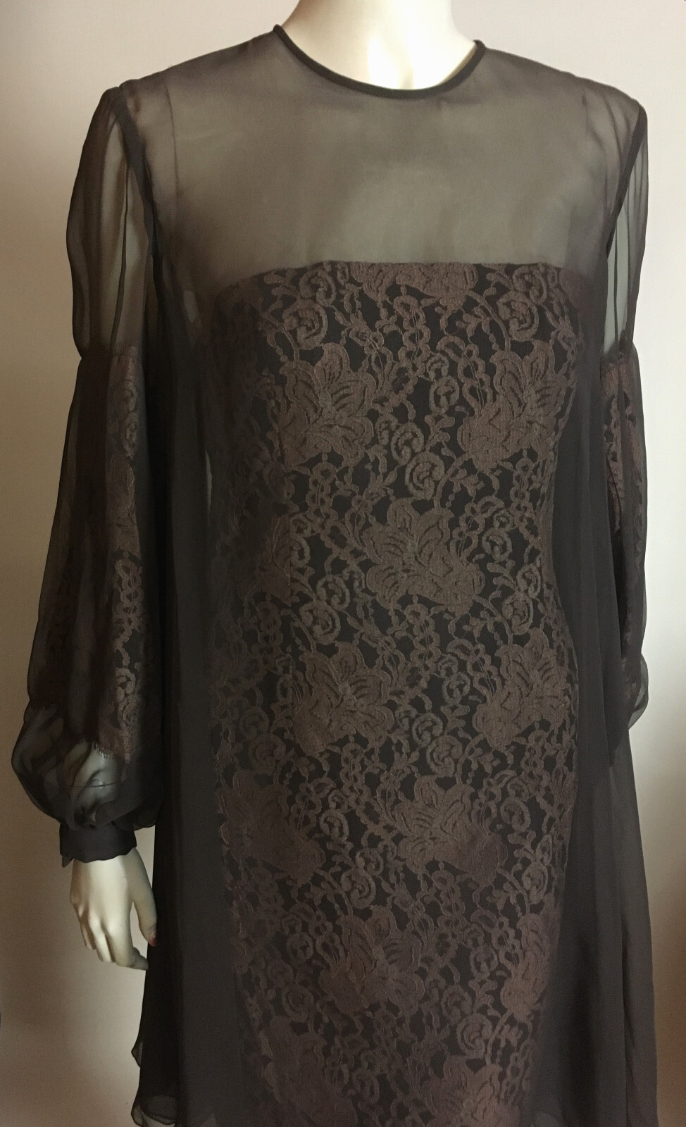 1980s Vintage Travilla YT Brown Sheer Draped Chiffon Gold Lace Cocktail Dress XS