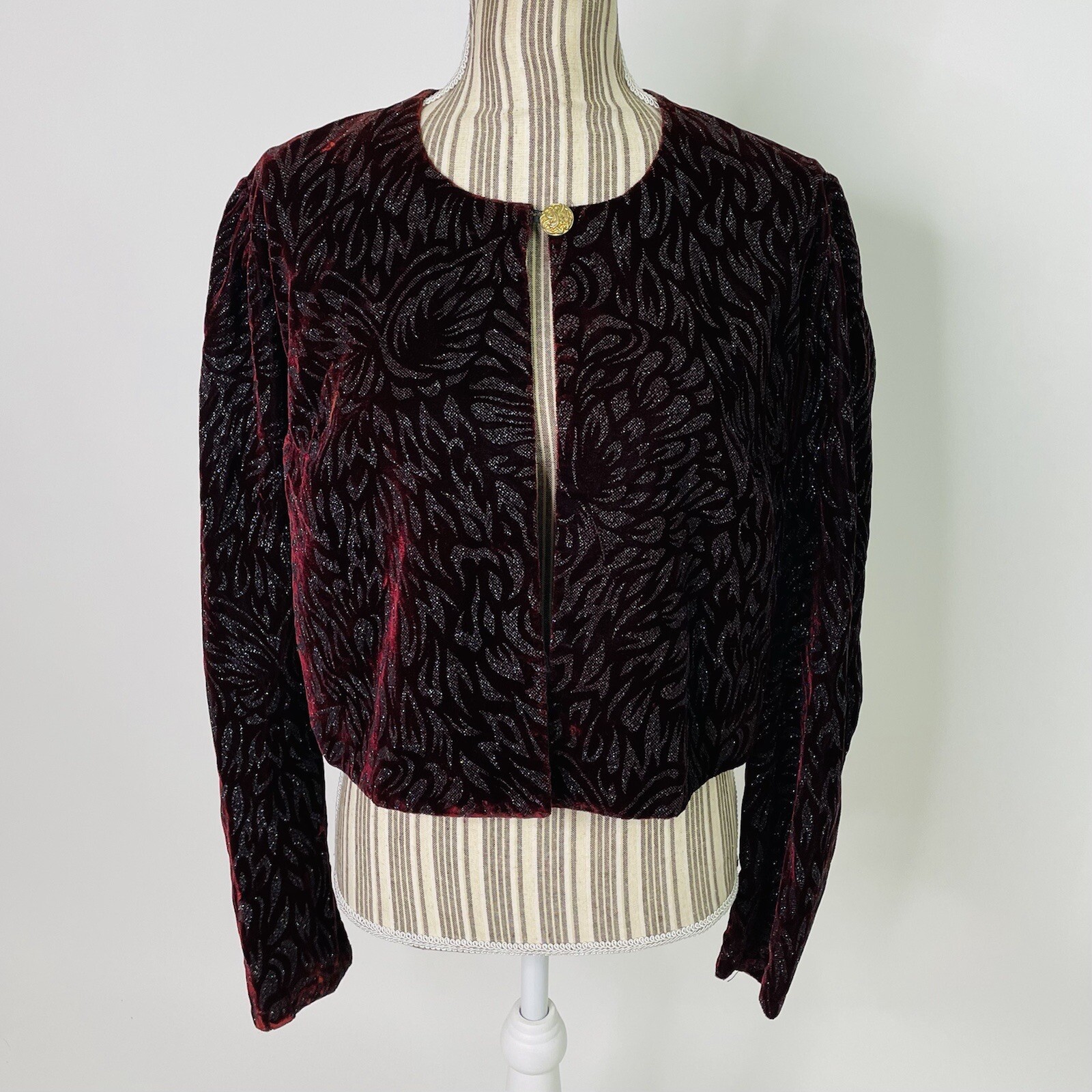 Vintage 80s 90s Velvet Encrusted Embossed Bling Sparkle One Button Cardigan L/XL
