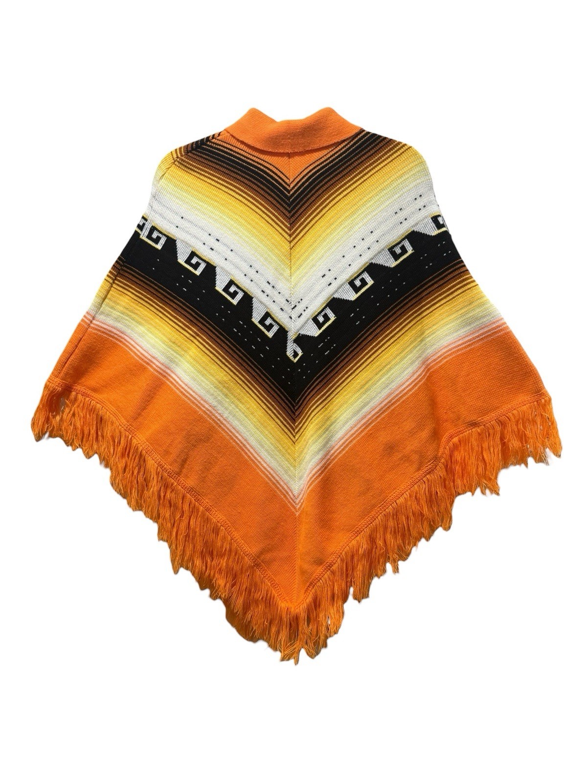 Vintage 1970s Orange Black White Collared Fringed Poncho One Size