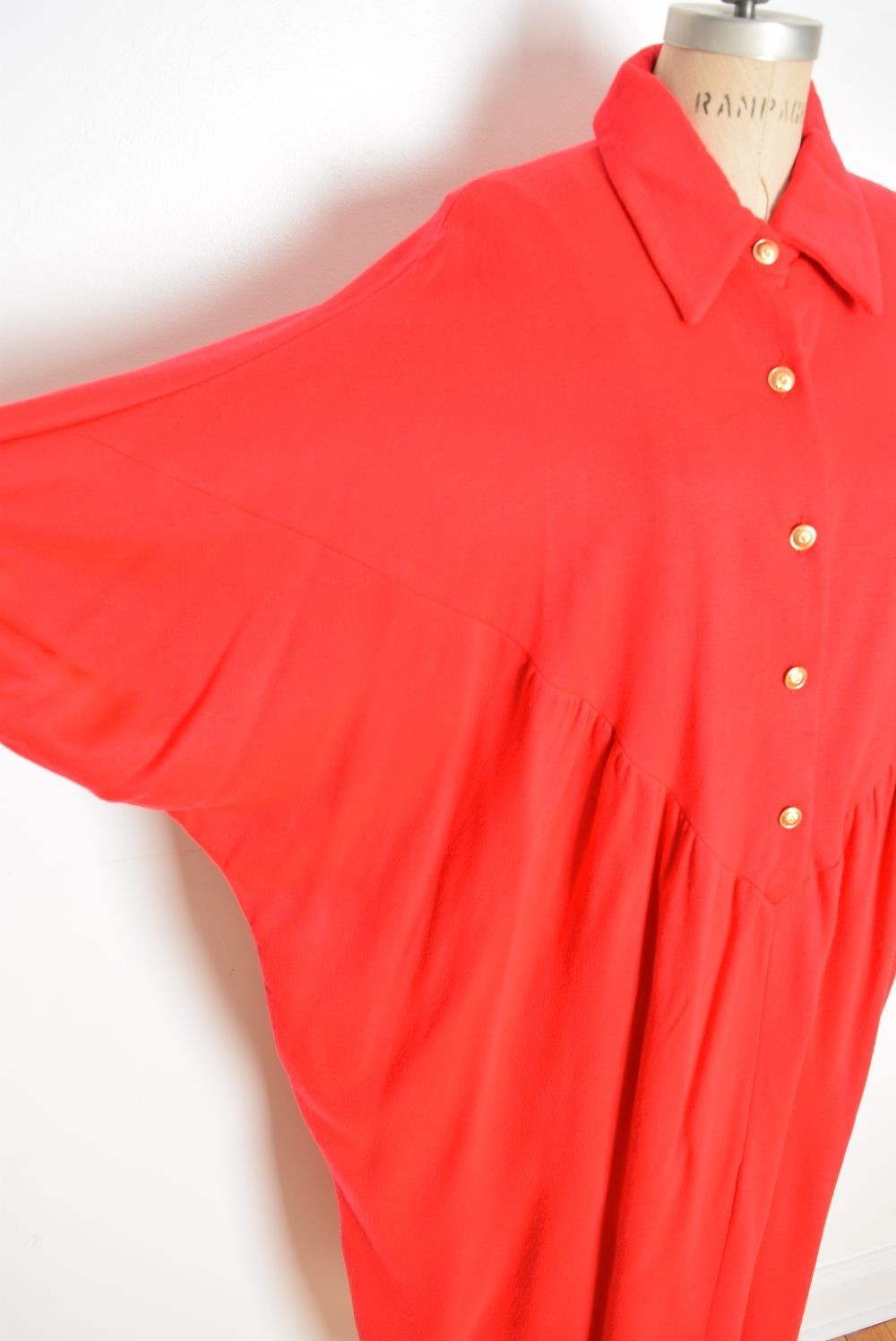 vintage 70s caftan dress David Brown red fleece draped disco batwing dolman maxi