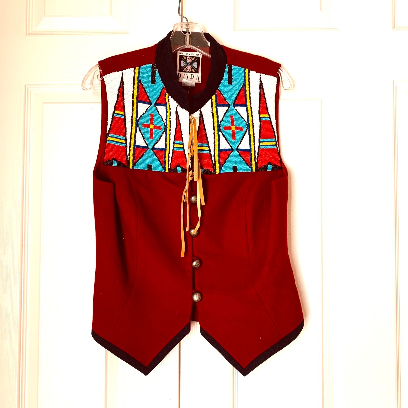 Vintage Western Beaded Vest Wool Blend Size 8 – Native American Inspired, Pewter