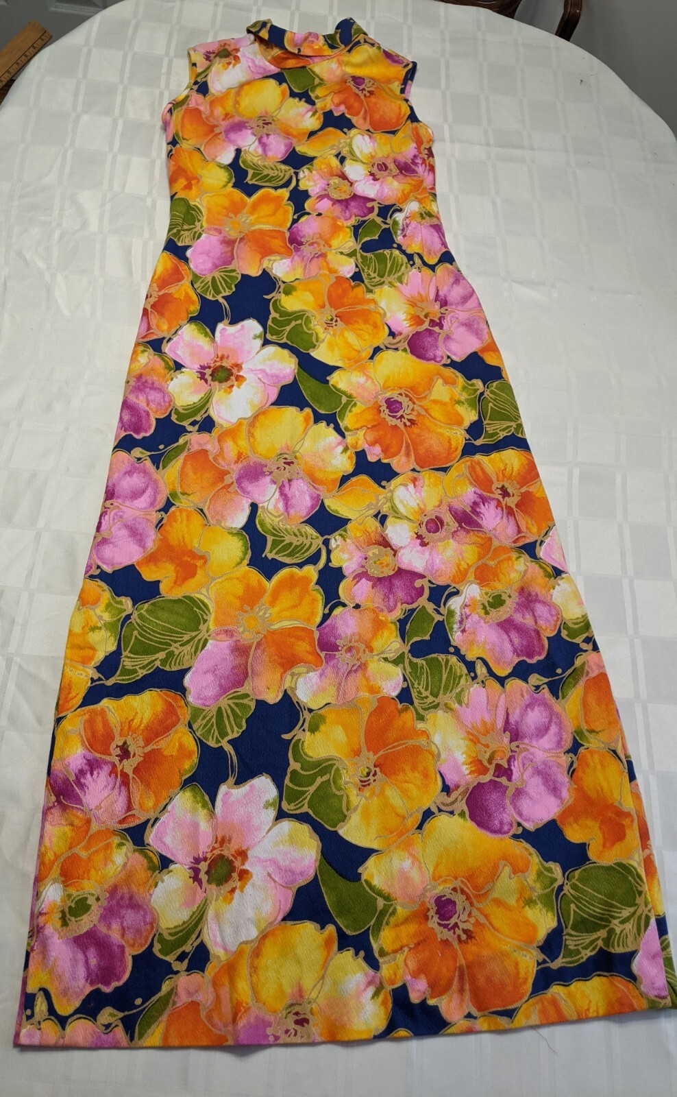 Vtg muumuu Barkcloth Long Dress Tiki Island Casuals Waikiki Hawaii S M Orange