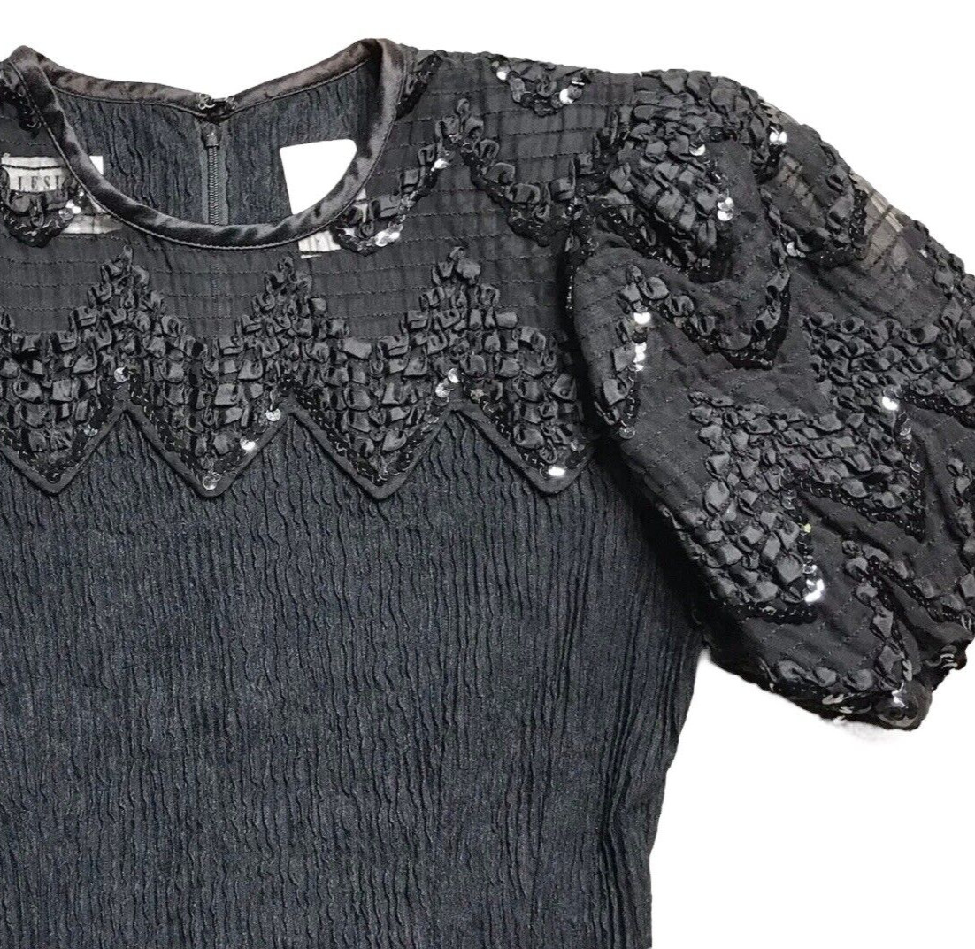 Vintage 80s Leslie Fay Petite Smocked Sequin Black Dress Short Sleeve 4 P Small
