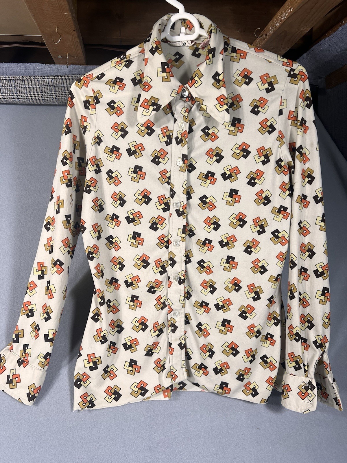 Tarri Vintage Polyester Button up Long Sleeve M Geometric Print Brown Orange