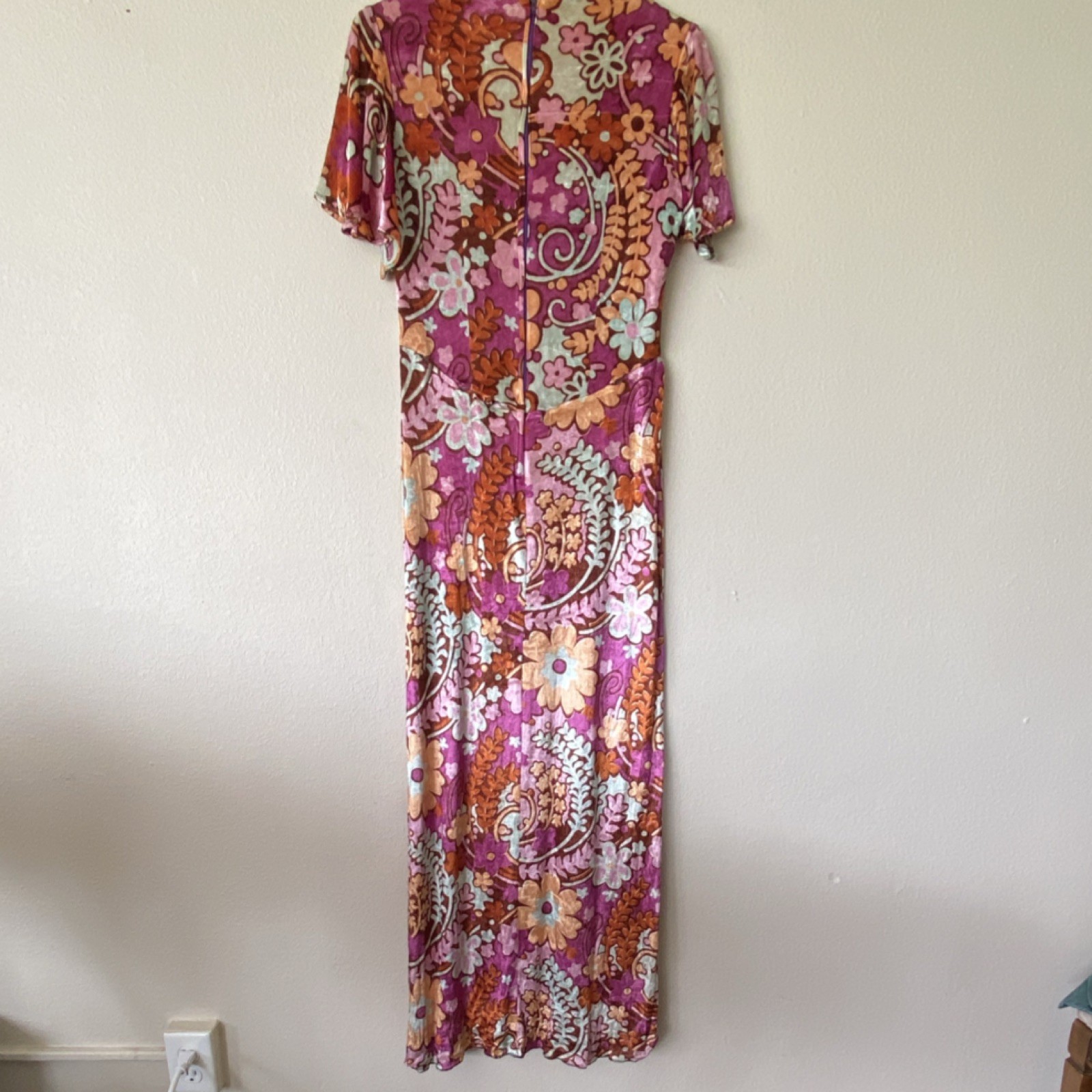 Vtg 70s MCM Boho Goddess Floral Stretch Velvet Pink Purple Maxi Dress Medium