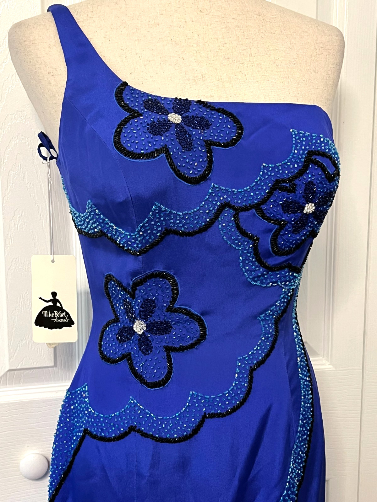 Vtg MIKE BENET FORMALS Sz 8 100% Silk Long Gown Dress Blue Floral Beaded Prom