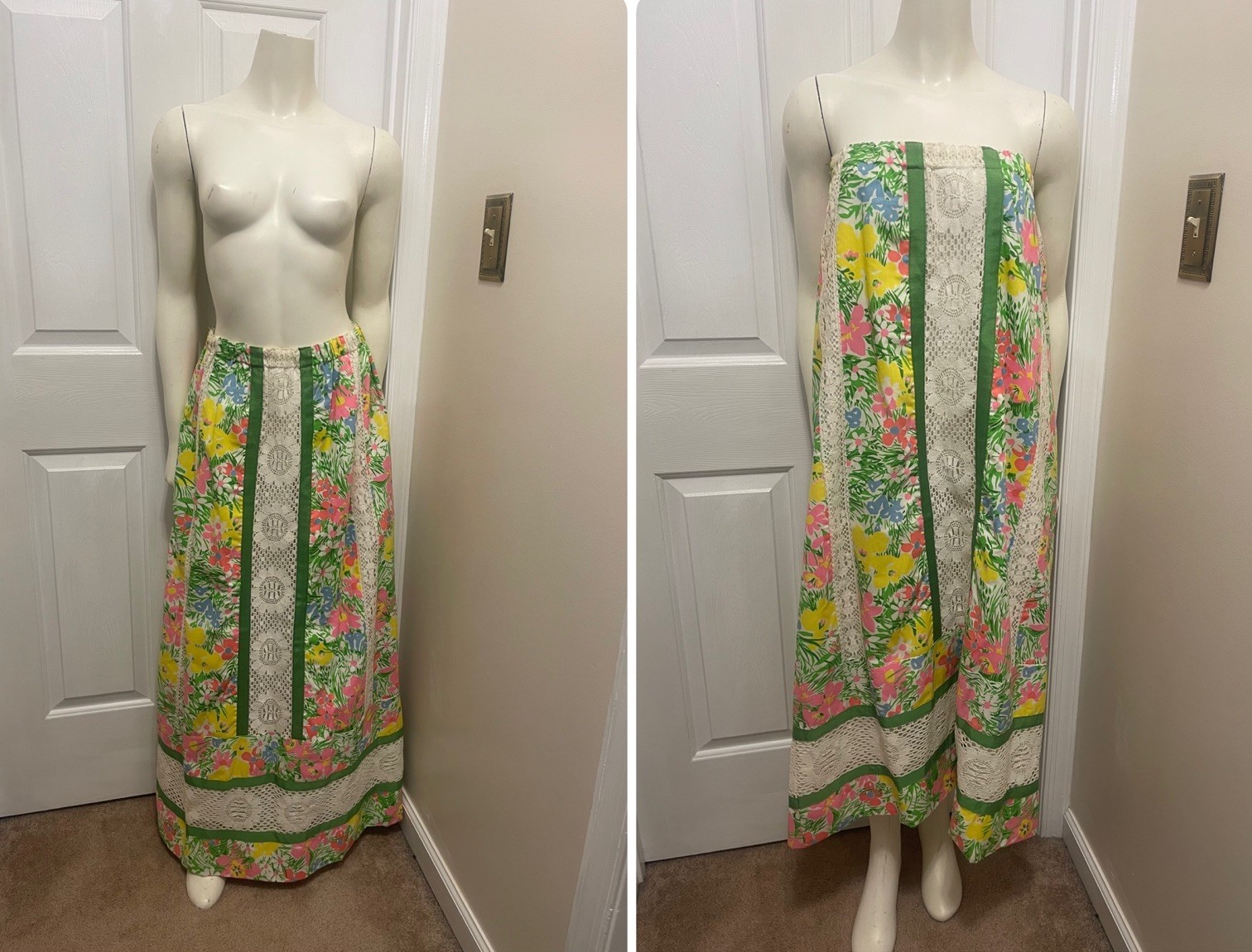 Vintage Floral Patchwork Strapless Dress Skirt Lace Cottagecore 70s Prairie Pink