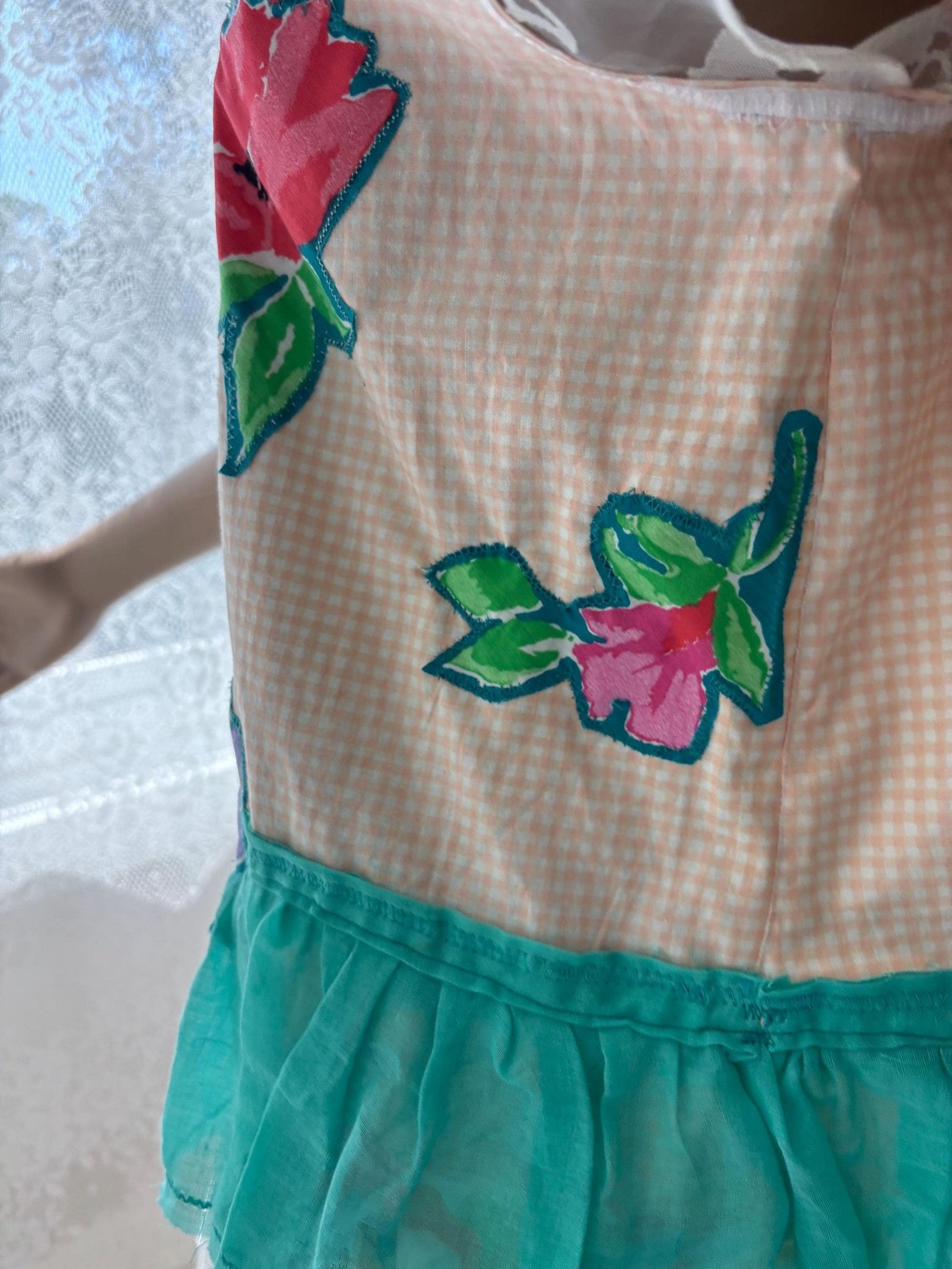 Upcycled Pinafore Dress: Floral Appliques, Lace Trim, OOAK Handmade Tunic