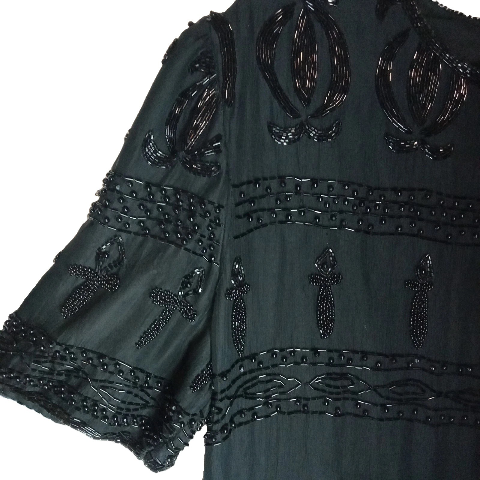 VTG Nite Waves Black Beaded Silk Dress Womens Sz M/L Cocktail Flapper Gatsby 80s