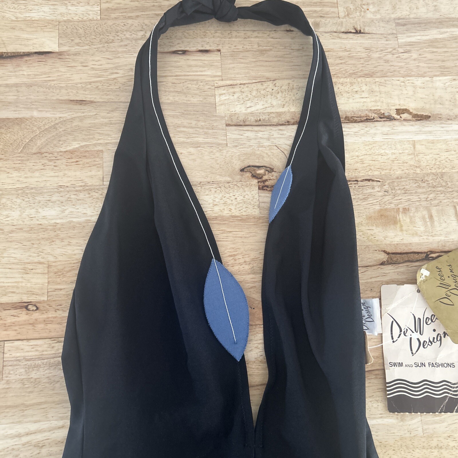 Vintage DeWeese Designs California Black Swimsuit Leaf Lure Size 14 Halter Top