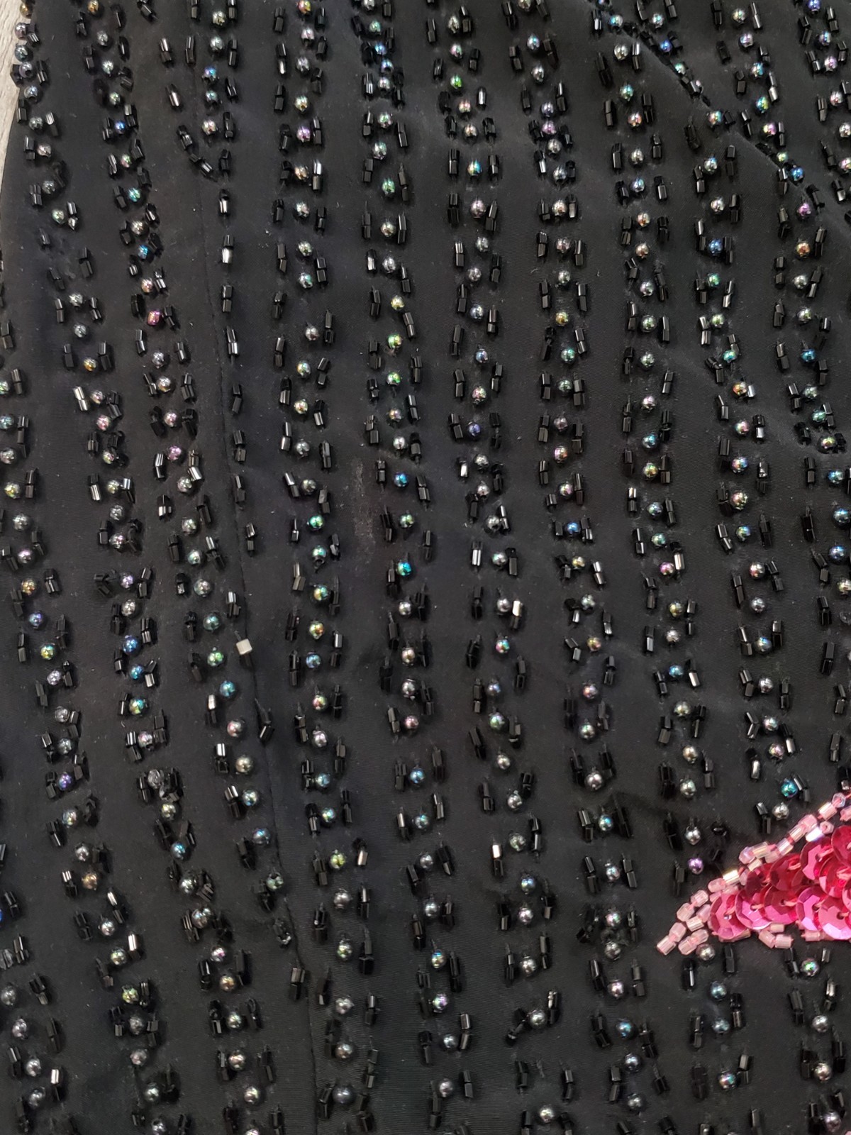VTG 80s SHO MAX Black/Pink/Purple BEADED Sequined BAROQUE Silk TROPHY Dress Sz M