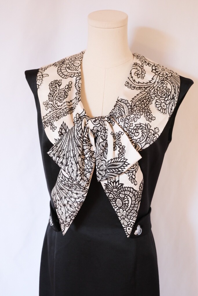 Vintage 60s Mod Black & White Scarf Silk Dupioni Shift Dress Mid Century Office