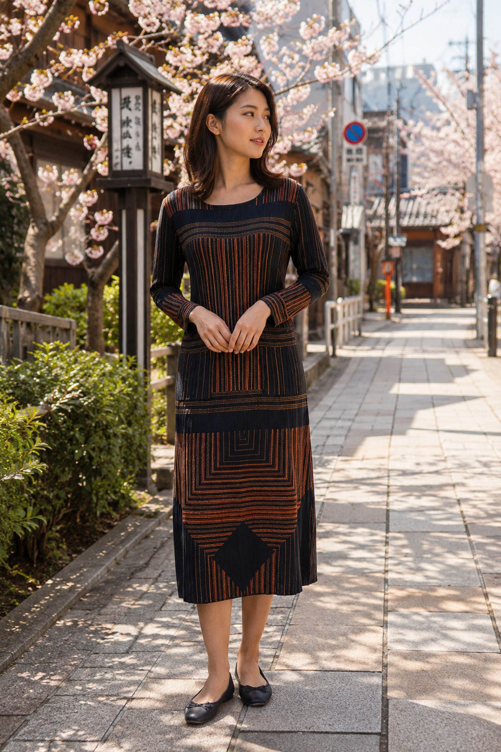 Vtg striped micro pleated long sleeve lagenlook art to wear dress Korea japan