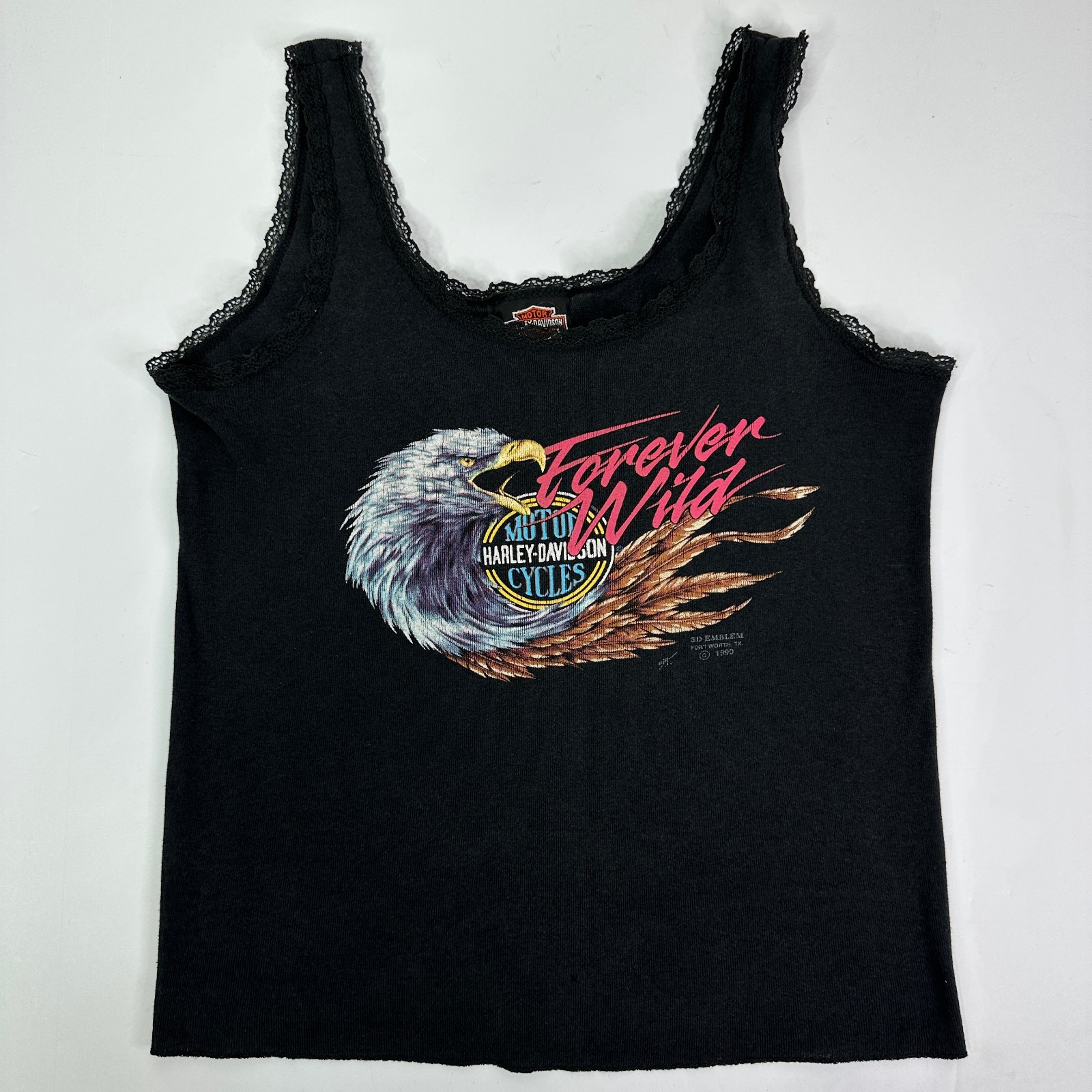 Vintage 90s Harley Davidson 3D Emblem Forever Wild Eagle Tank Top Womens Lrg Vtg