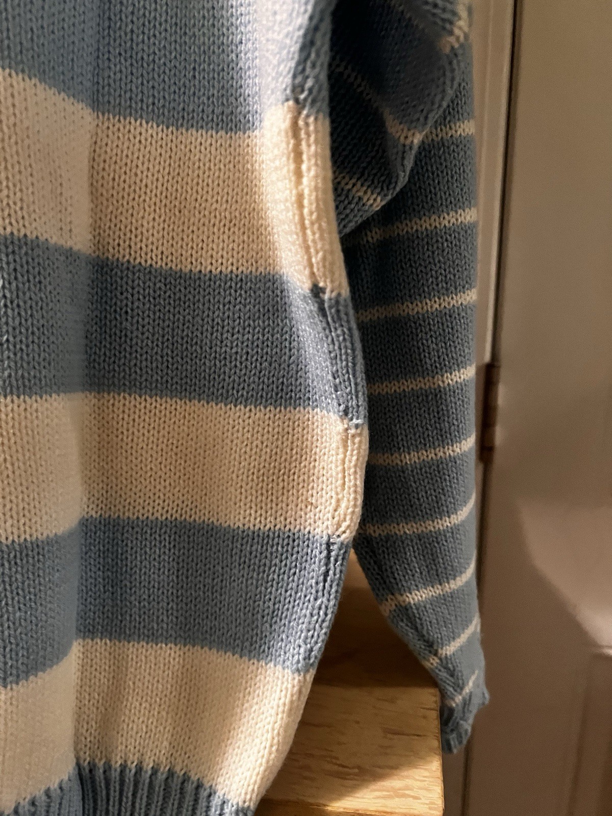 Vintage 90s Striped Sweater Blue Cream Pocket Knit Women’s Small NWT