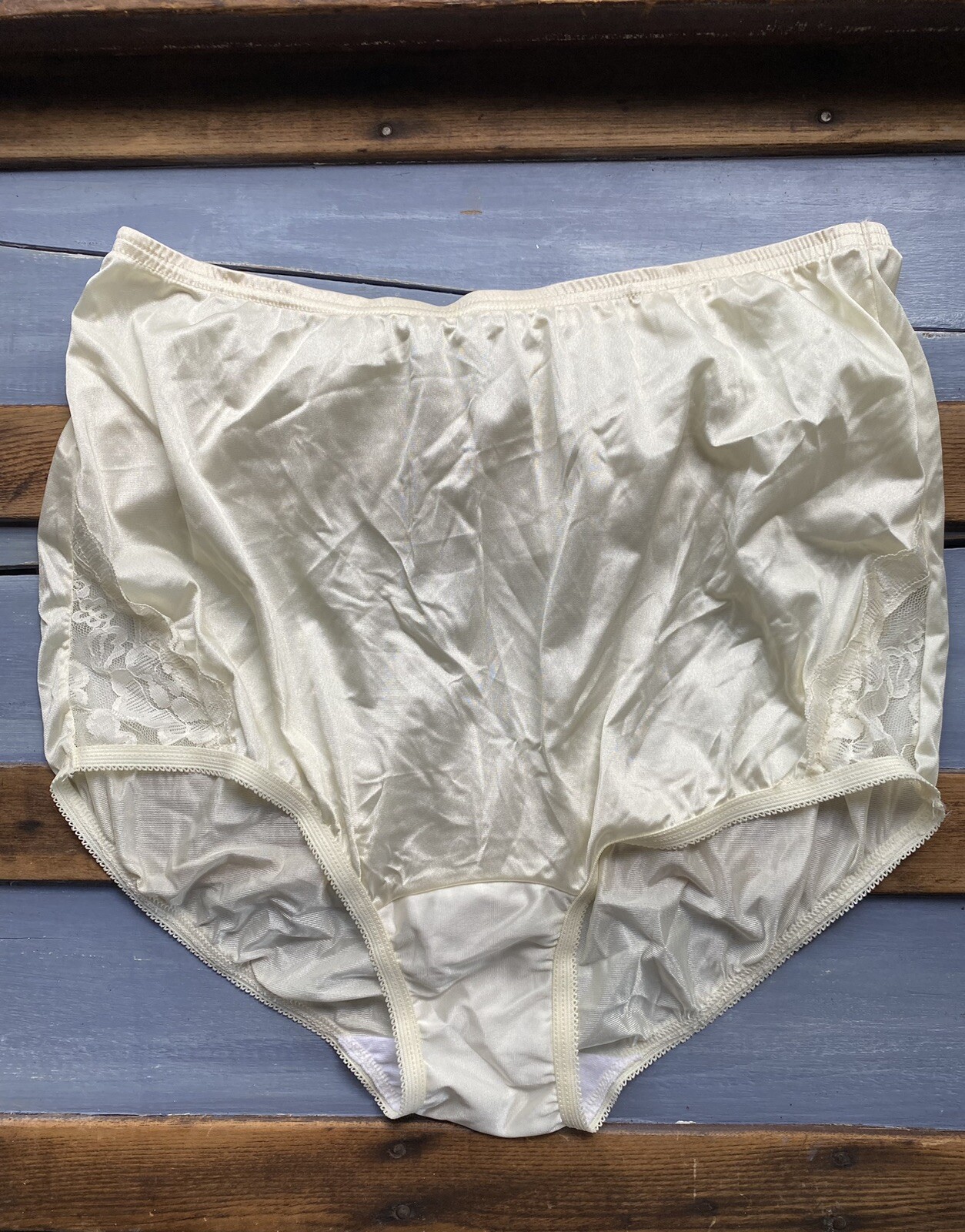 Vanity Fair LACE Corners Nouveau Sissy Panty Silky Nylon 7 / Lg Ivory Nude Gloss