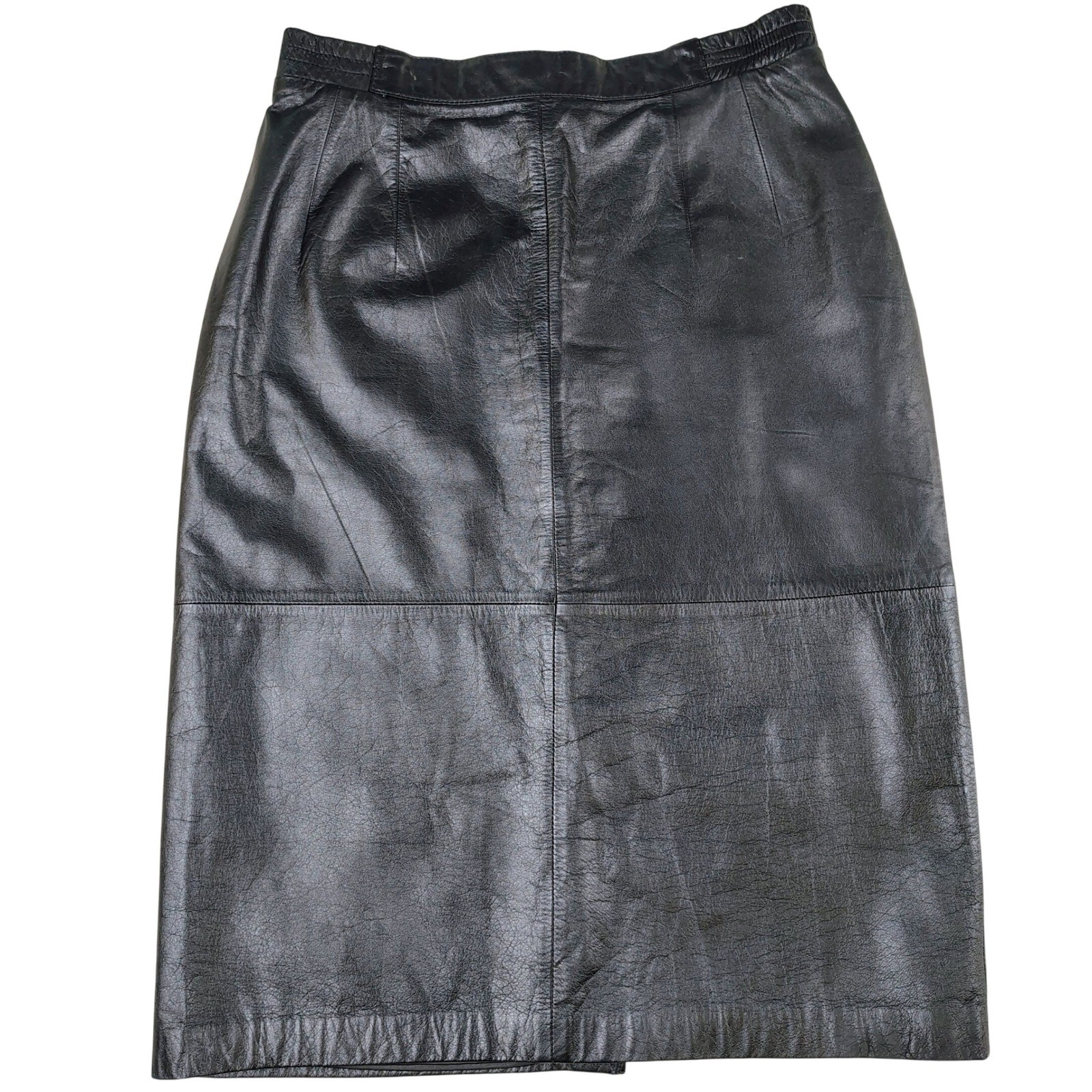 Diversity Vintage Black Genuine Leather Midi Skirt Elastic Waist Size 12