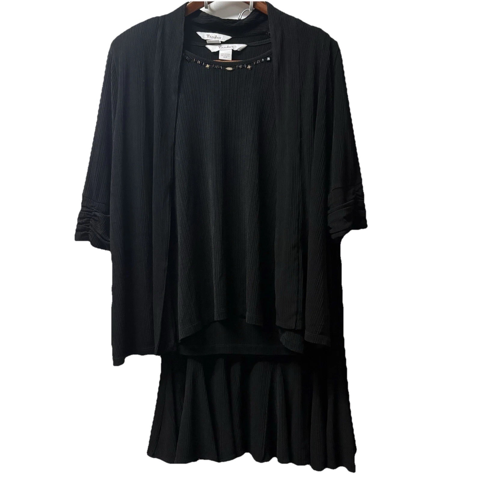 Vintage TanJay 3-Piece Set Black Ribbed Skirt Top Jacket Size S/P Beaded Neck