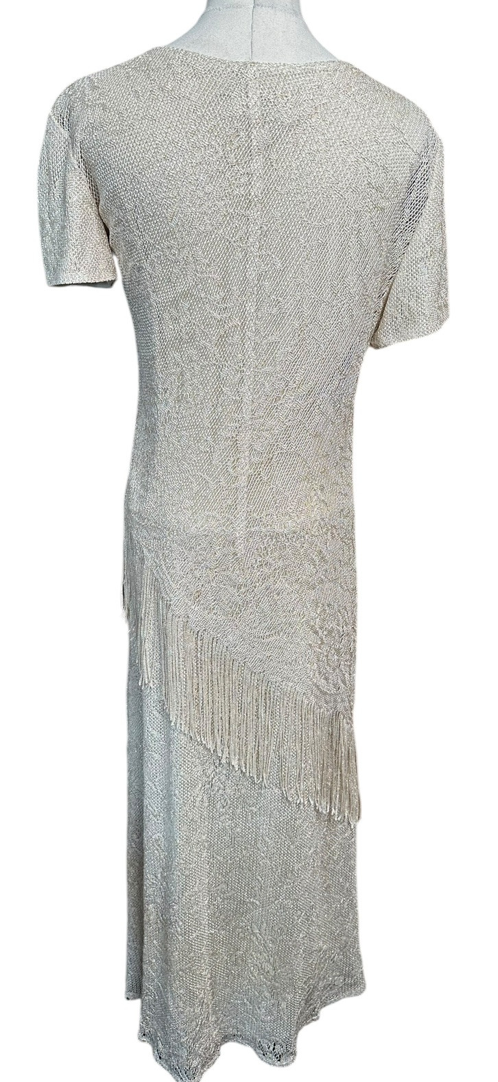 Vtg SL Fashions Cream Gold Lame Sparkly Formal Long Party Dress with Fringe 6