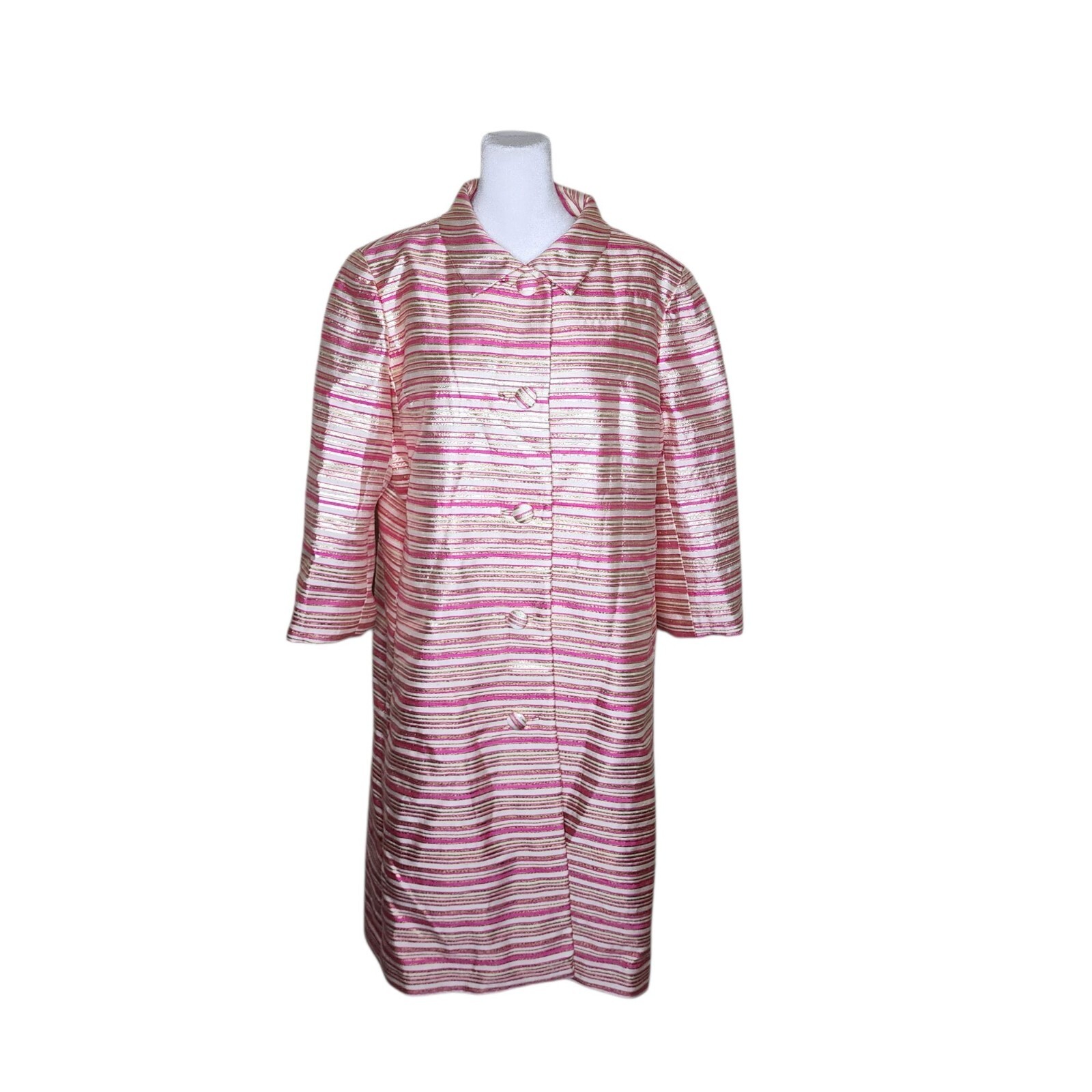 Vintage 60s Mod Coat Womens Size L Pink Gold Metallic Stripe Topper Glam