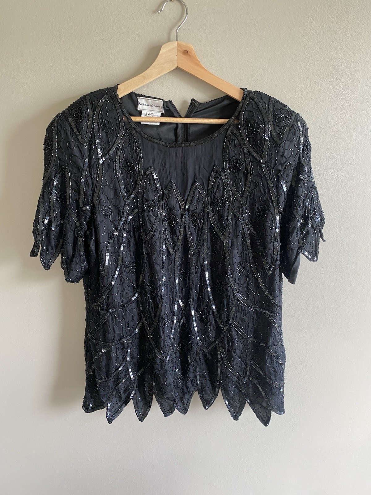 Vintage Patra Stenay Silk Sequin Blouse 2X Black Formal Sequin Mob Glam Top Goth
