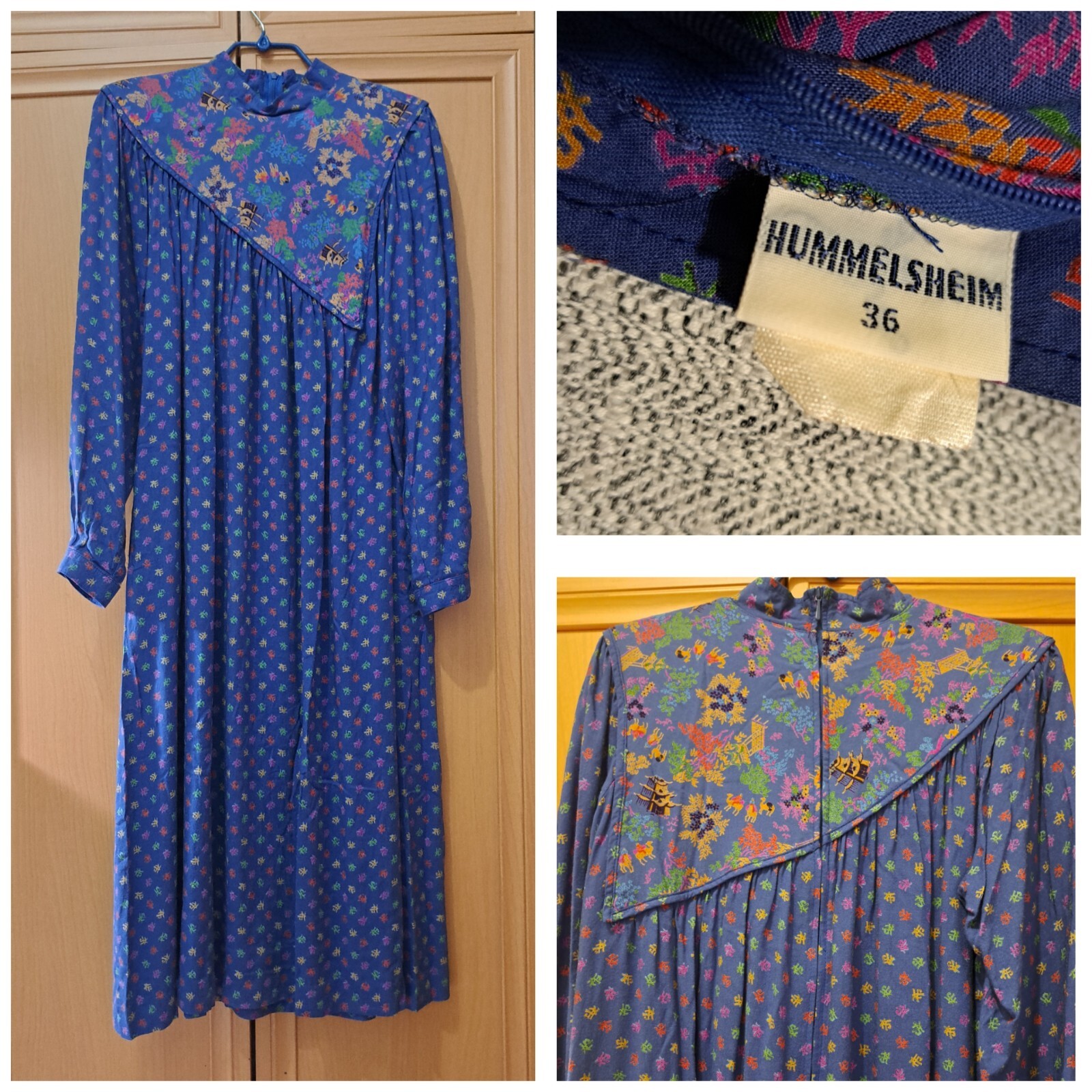 Vtg HUMMELSHEIM 1970s Long Sleeve Stand Collar Asian Pattern Blue Dress Sz 36