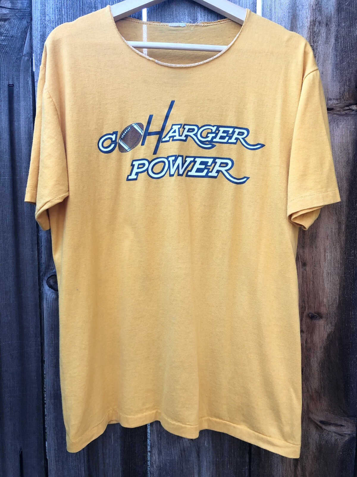 VTG 80s NFL San Diego Chargers Power T Shirt Large ￼single stitch Missing collar