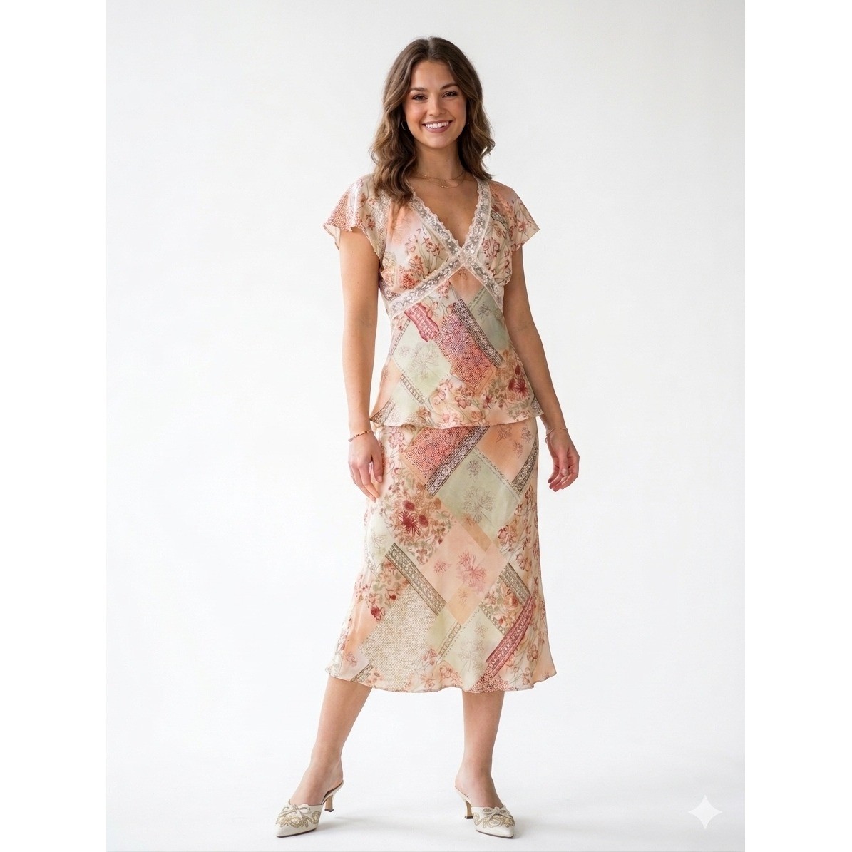 Vtg Y2K La Belle Floral Patchwork 2 Pc Set S/M Peplum Top Midi Skirt Pink Lace