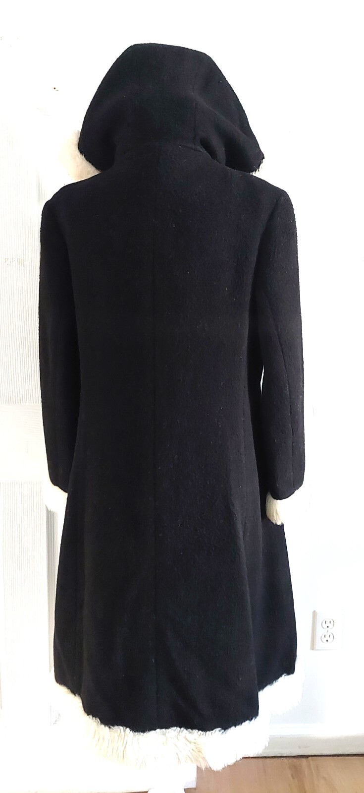 Vtg Wolfstaedter 1960’s Black Faux Fur Trim Swing Coat L Wool Lined MCM