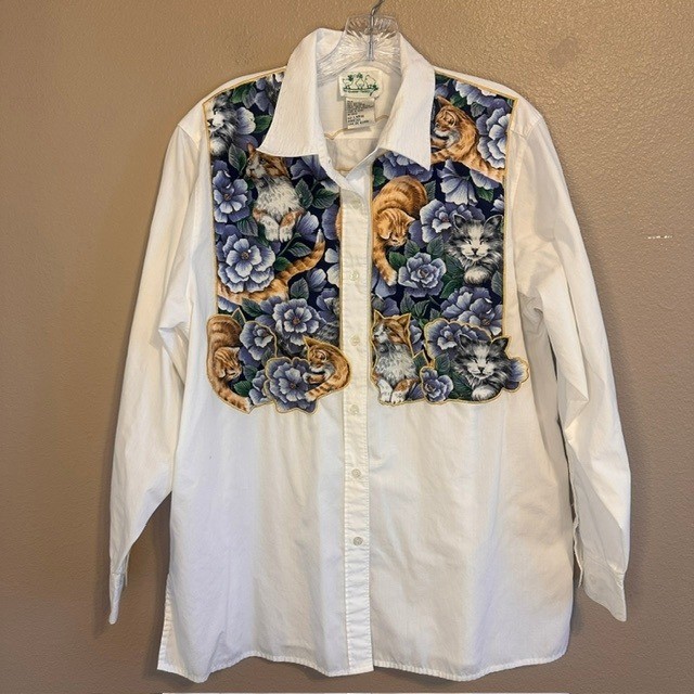 The Quacker Factory Vintage Women’s Cats Button Up Long Sleeve Shirt Blouse LG