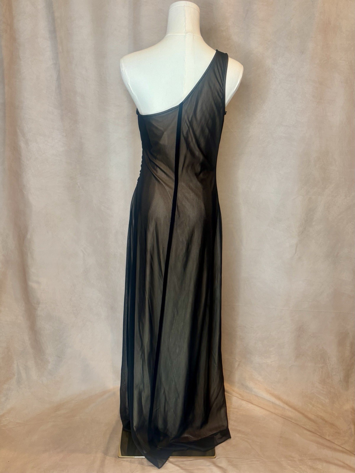 VTG Roberta Black One Shoulder Sheer Overlay Evening Gown Women’s Large Made USA