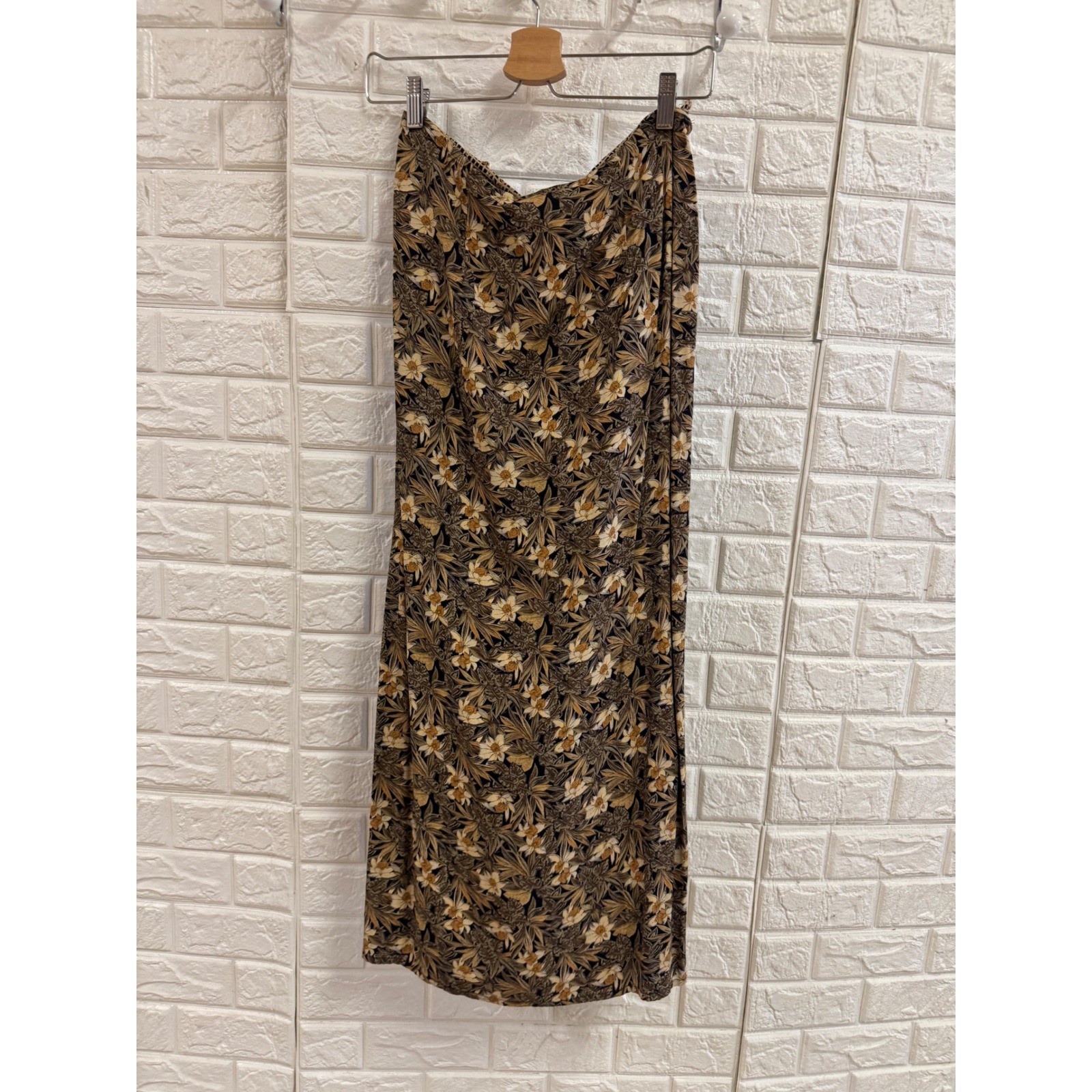 Vintage Express Tropical Floral Wrap Maxi Skirt Brown Tan Botanical 90s Boho