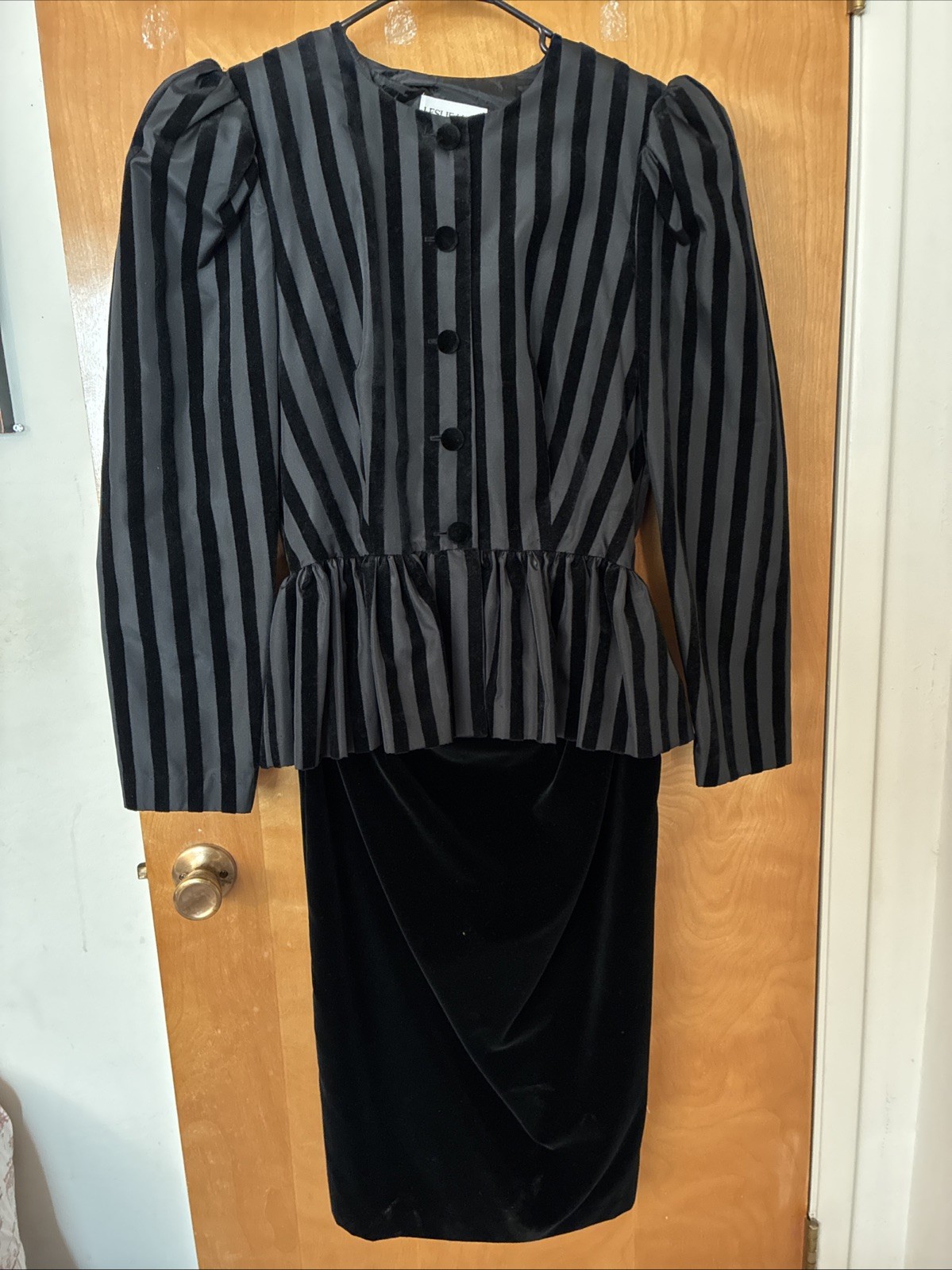 Vintage Leslie Lucks Black Stripe Velvet Dress Sz 14