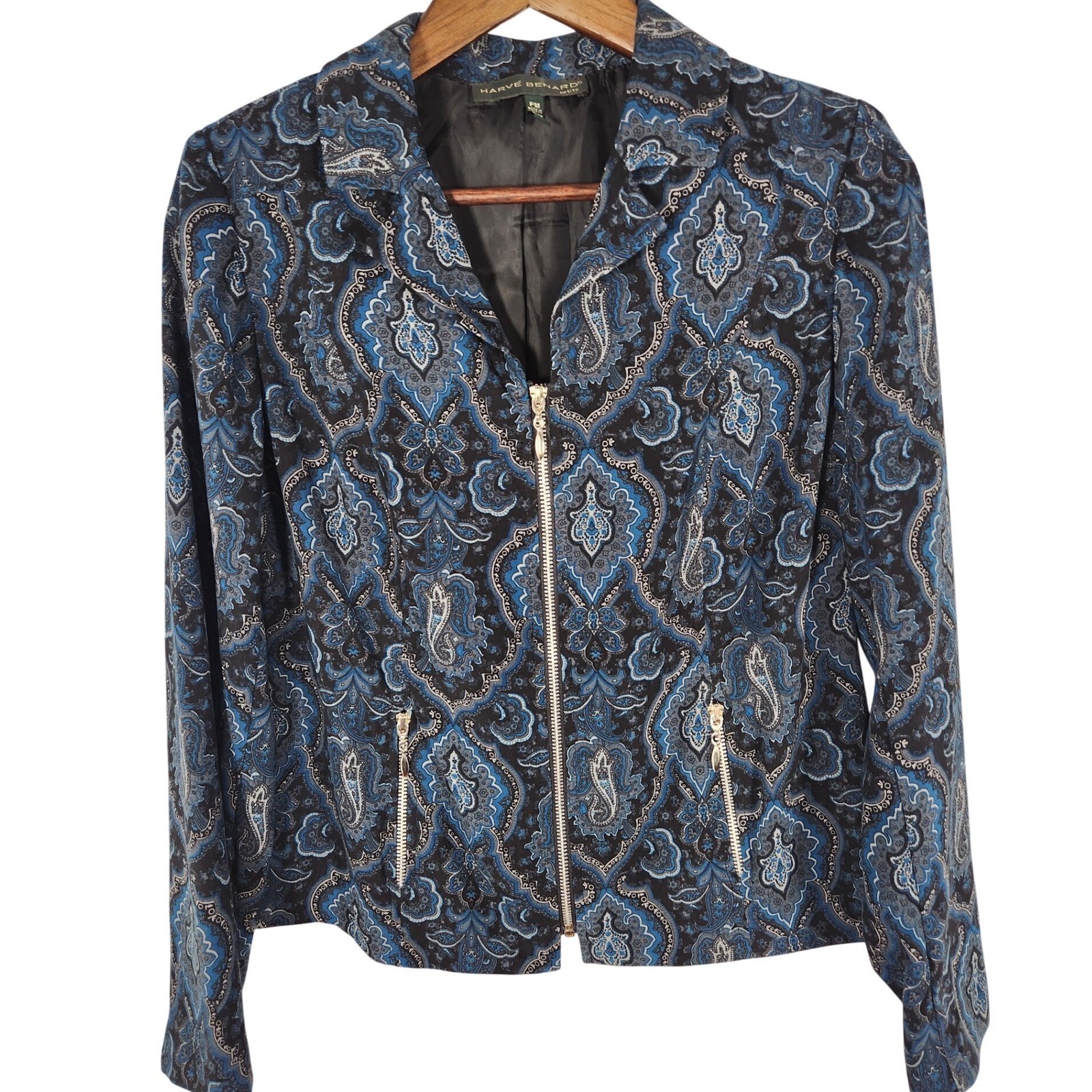 Vintage Harve Benard Blue Paisley Brocade Zip Up Jacket Size PM Petite Medium