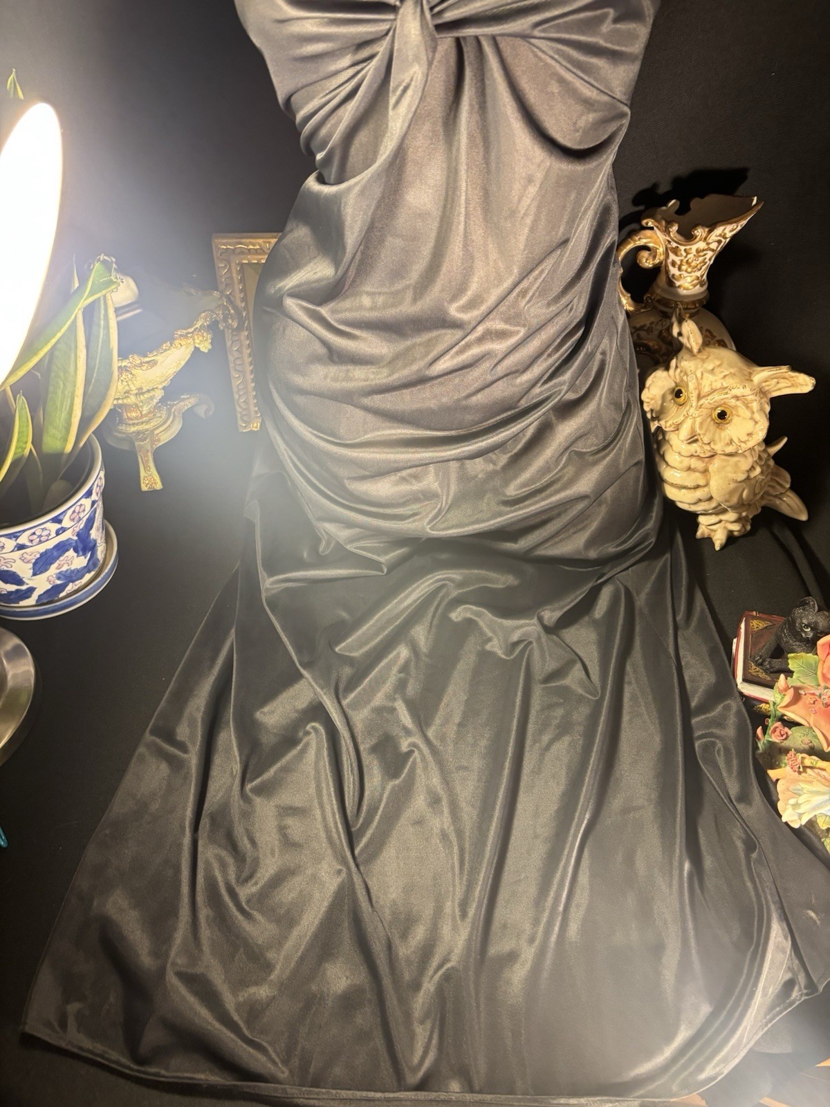 Vtg Silky Jet Black Wrap Bodice Frosted Shiny Long Gown Negligee Nightgown S