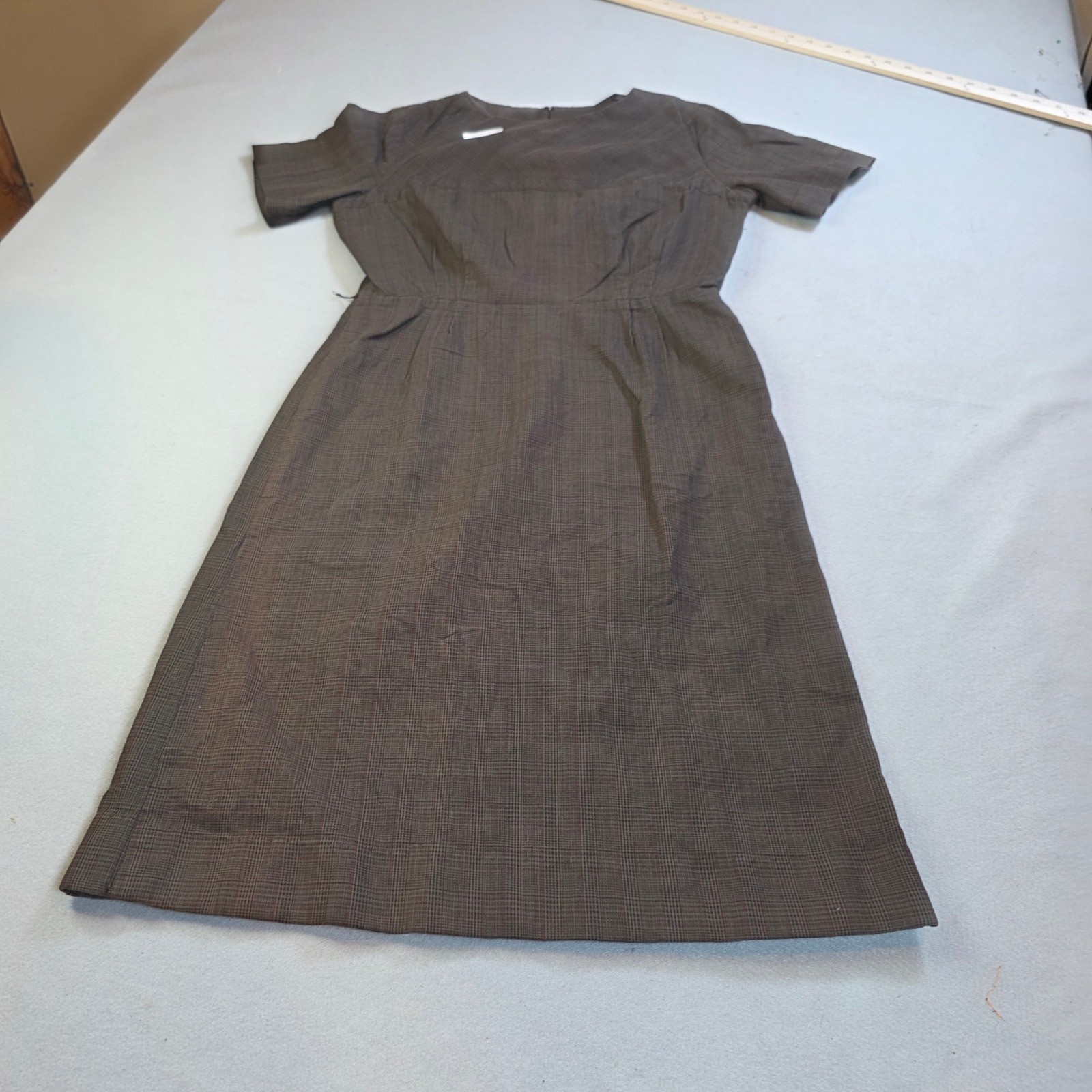 Vintage Mynette Brown Plaid Short Sleeve Midi Dress Academic Retro Size S